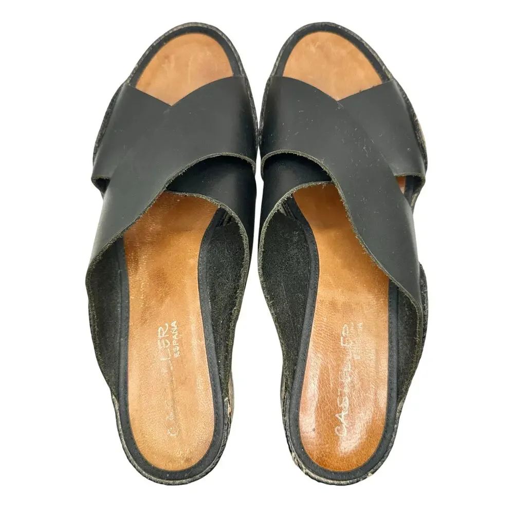 Casteller Espana | Women | Leather Cross Strap Espadrille Heeled Slides | 10.5